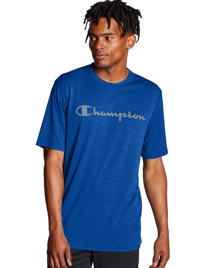 Champion Herre T-Shirts Blå - Double Dry® Heathered Mesh Textured - Danmark BSD-807956